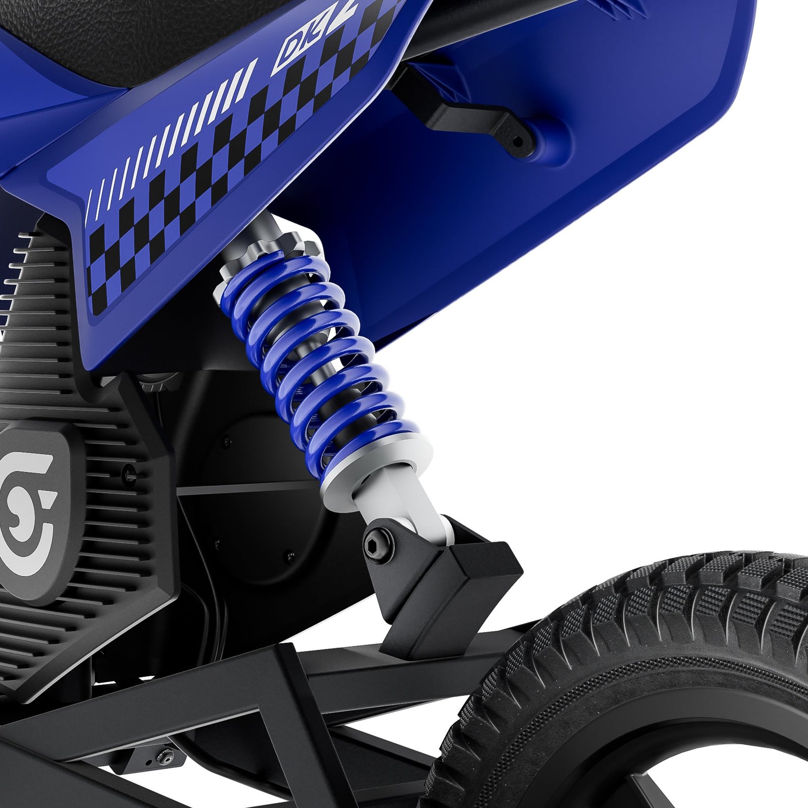 Close view of the rear coil-over shock absorber on the Hiboy DK2 electric dirt bike