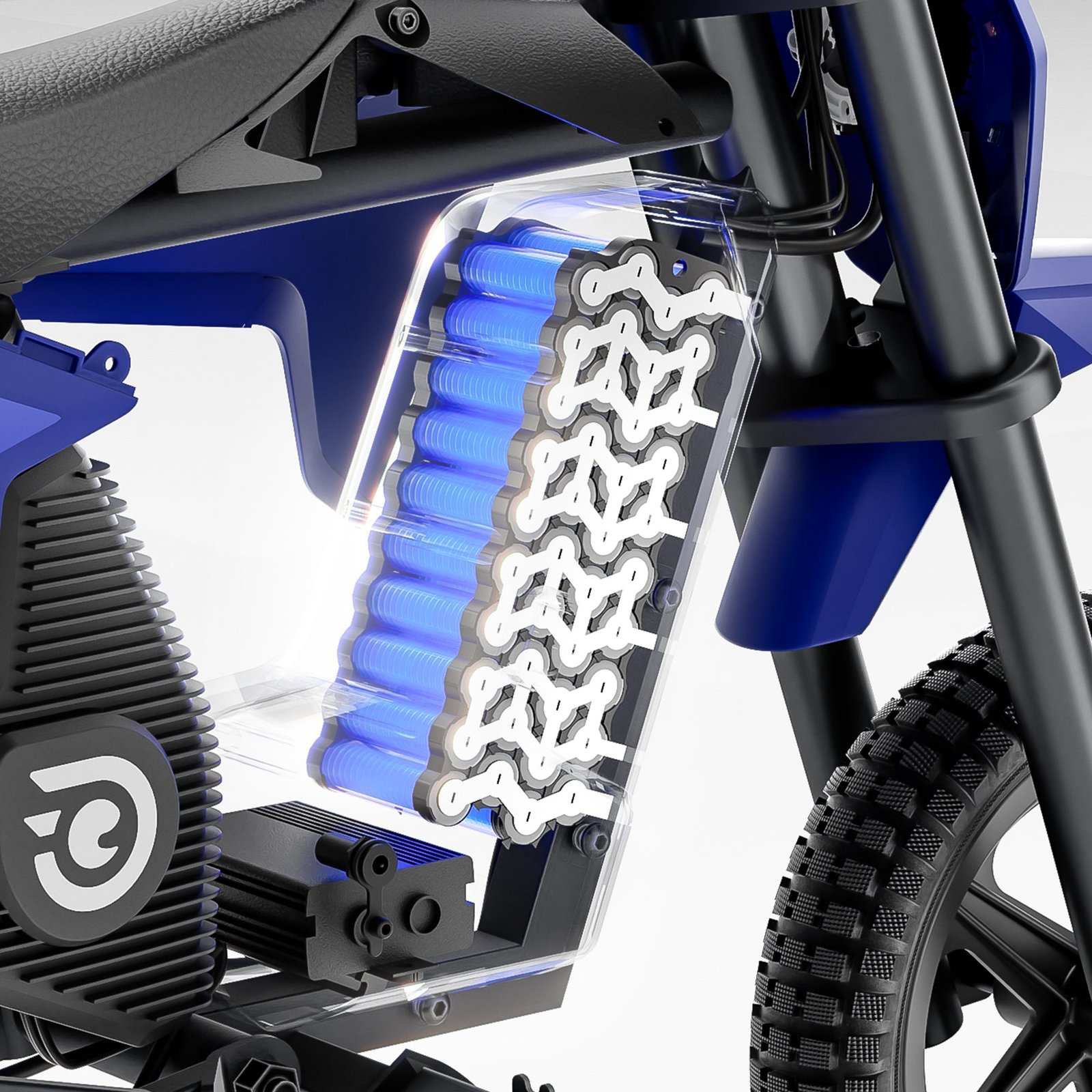 Close view of the Hiboy DK2 battery pack alongside its knobbly off-road tire tread