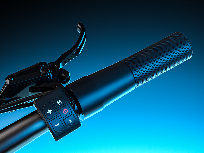 Thumb throttle and multi-function button pad on the handlebar of a Hiboy TITAN electric scooter