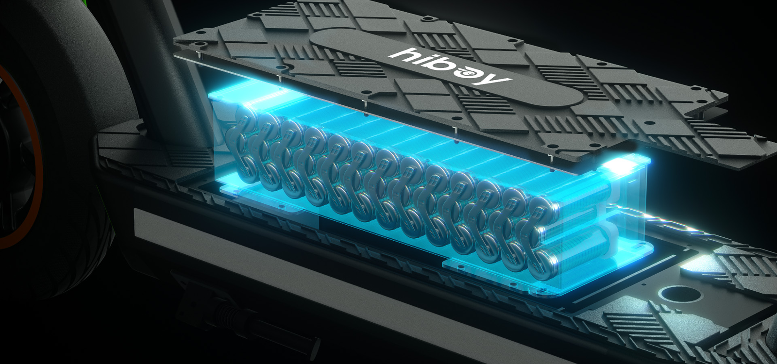The battery pack lit beneath the deck of a Hiboy MAX Pro electric scooter