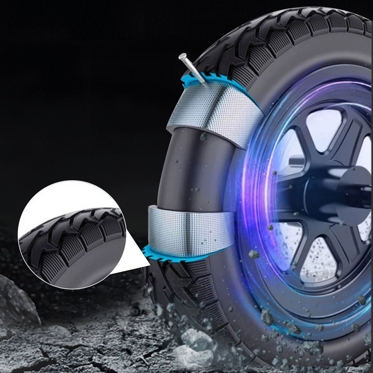 Nanrobot X8 tire shrugging off a nail on rocky ground