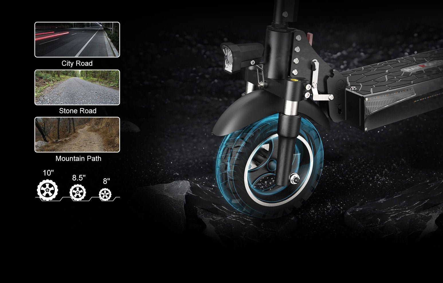 Nanrobot T1 front tire against city road, stone road and mountain path terrain