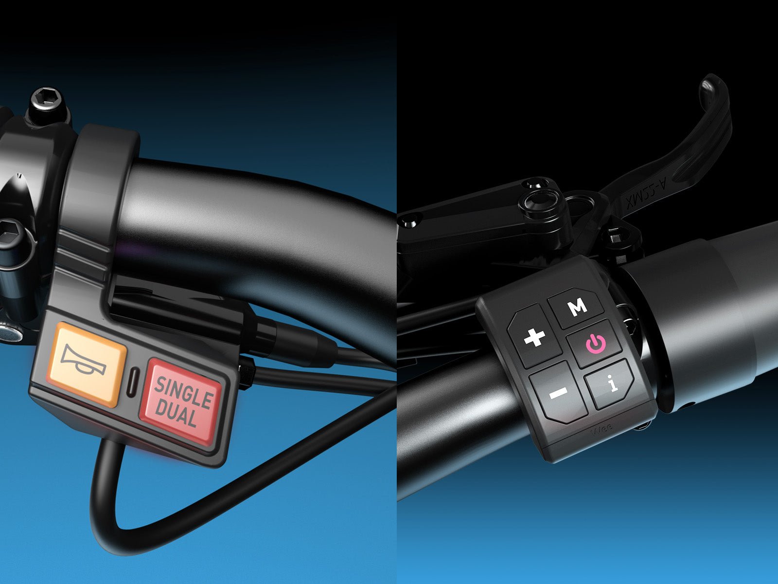 Left grip of the Hiboy TITAN PRO showing the thumb throttle and the multi-function button pad that selects single or dual drive