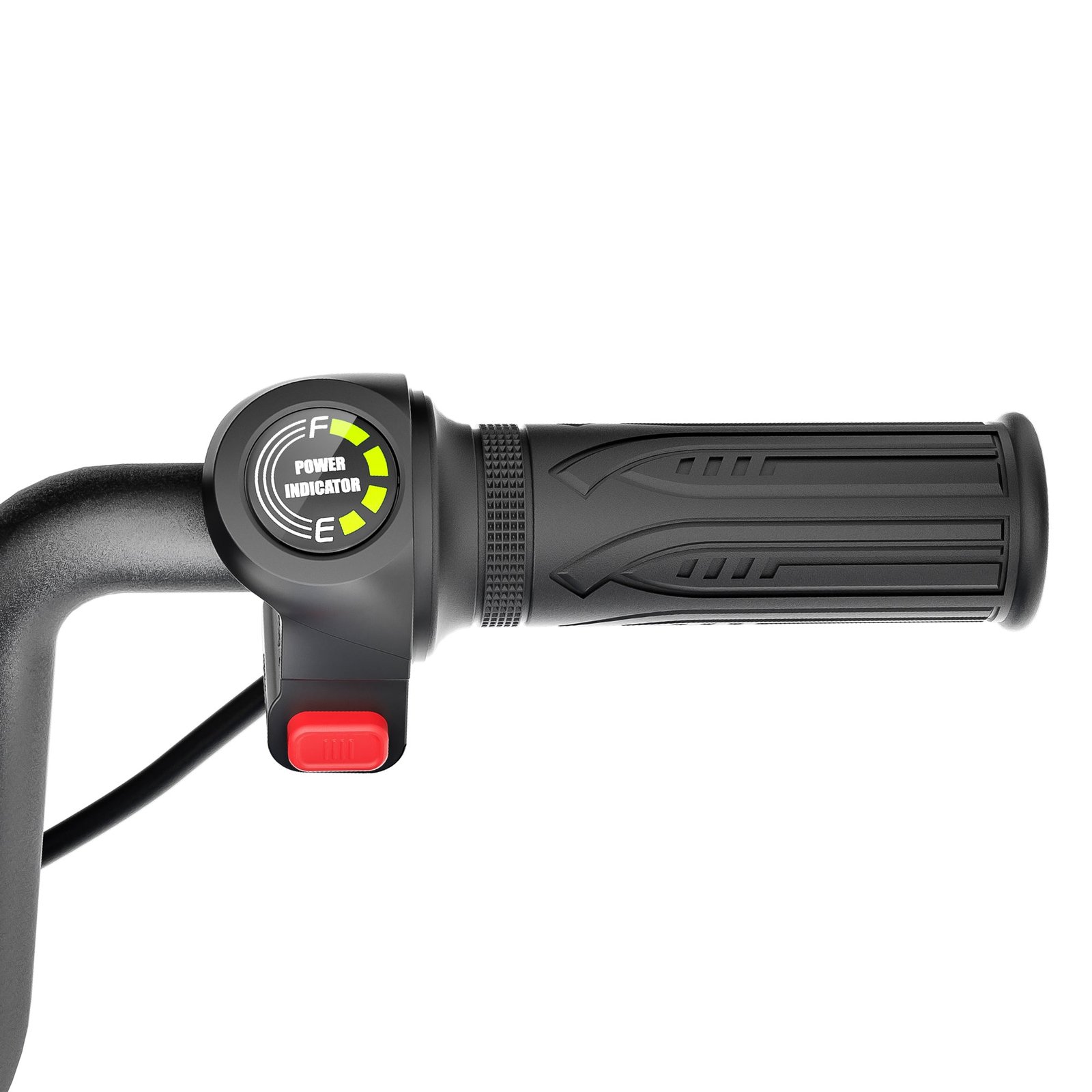 Close view of the Hiboy DK2 twist throttle with the mode selector and battery level display on the handlebar