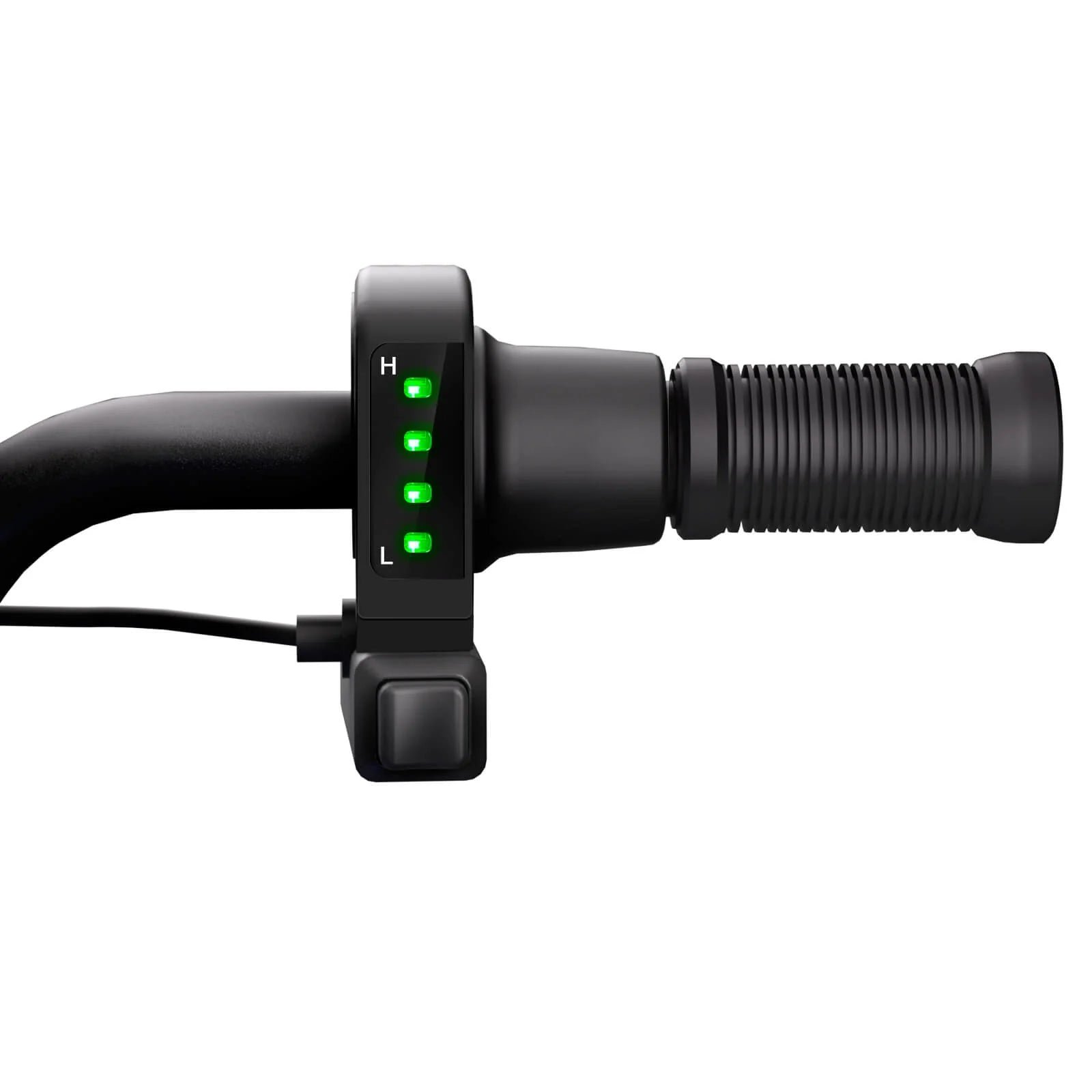 Close view of the Hiboy DK1 twist throttle with its green LED battery level display