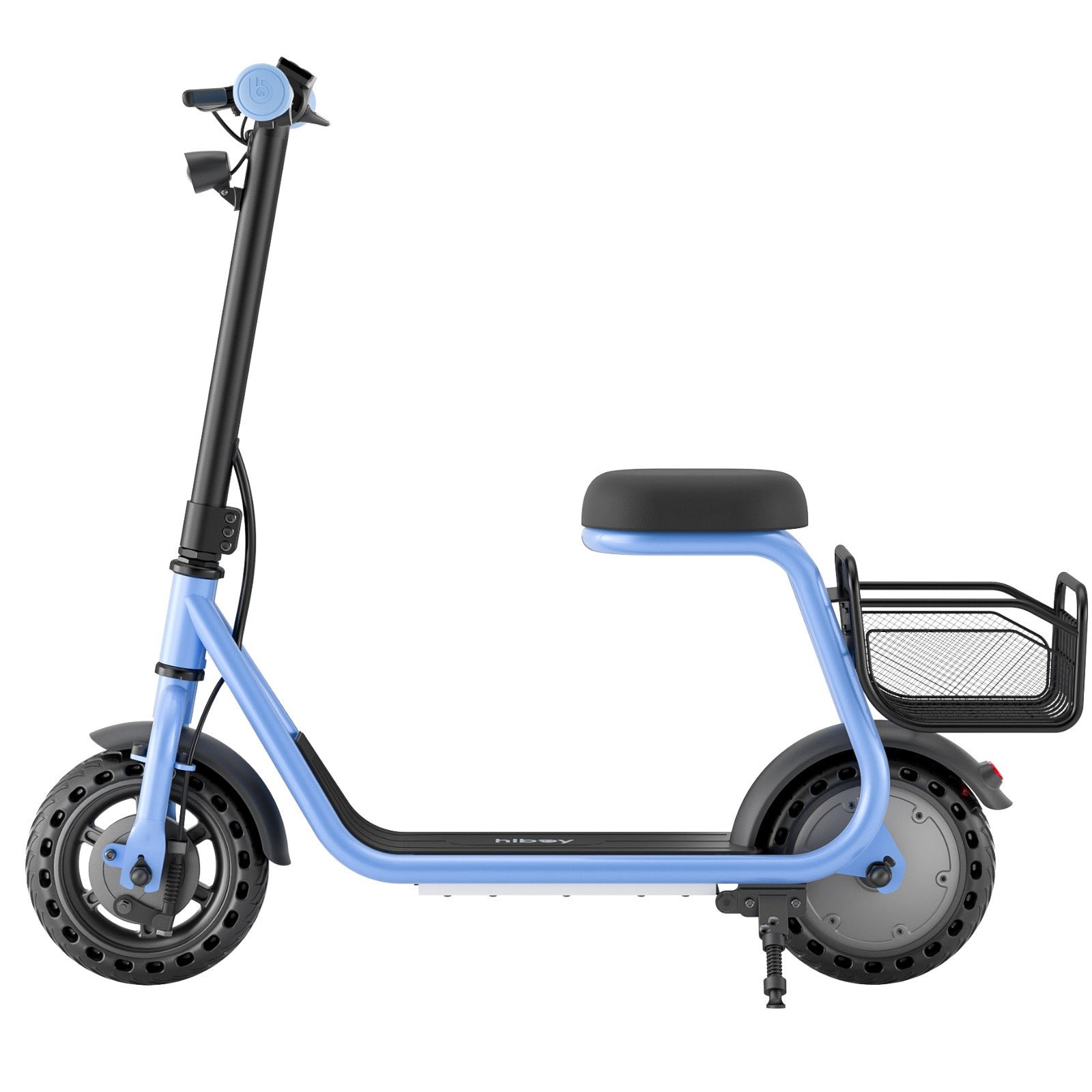 Blue Hiboy Q2 Lite kids electric scooter in side profile showing its 8.5-inch tires, seat and basket