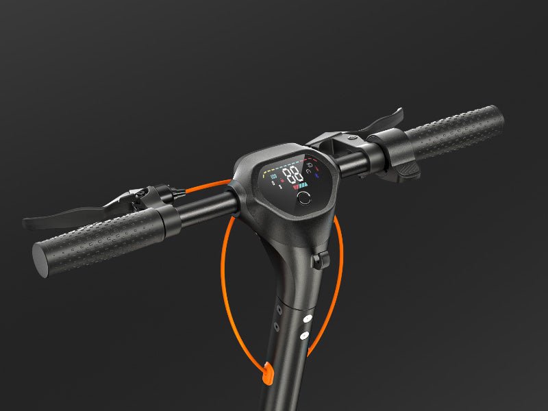 Handlebar and stem of a Hiboy MAX Pro electric scooter showing the display and thumb throttle