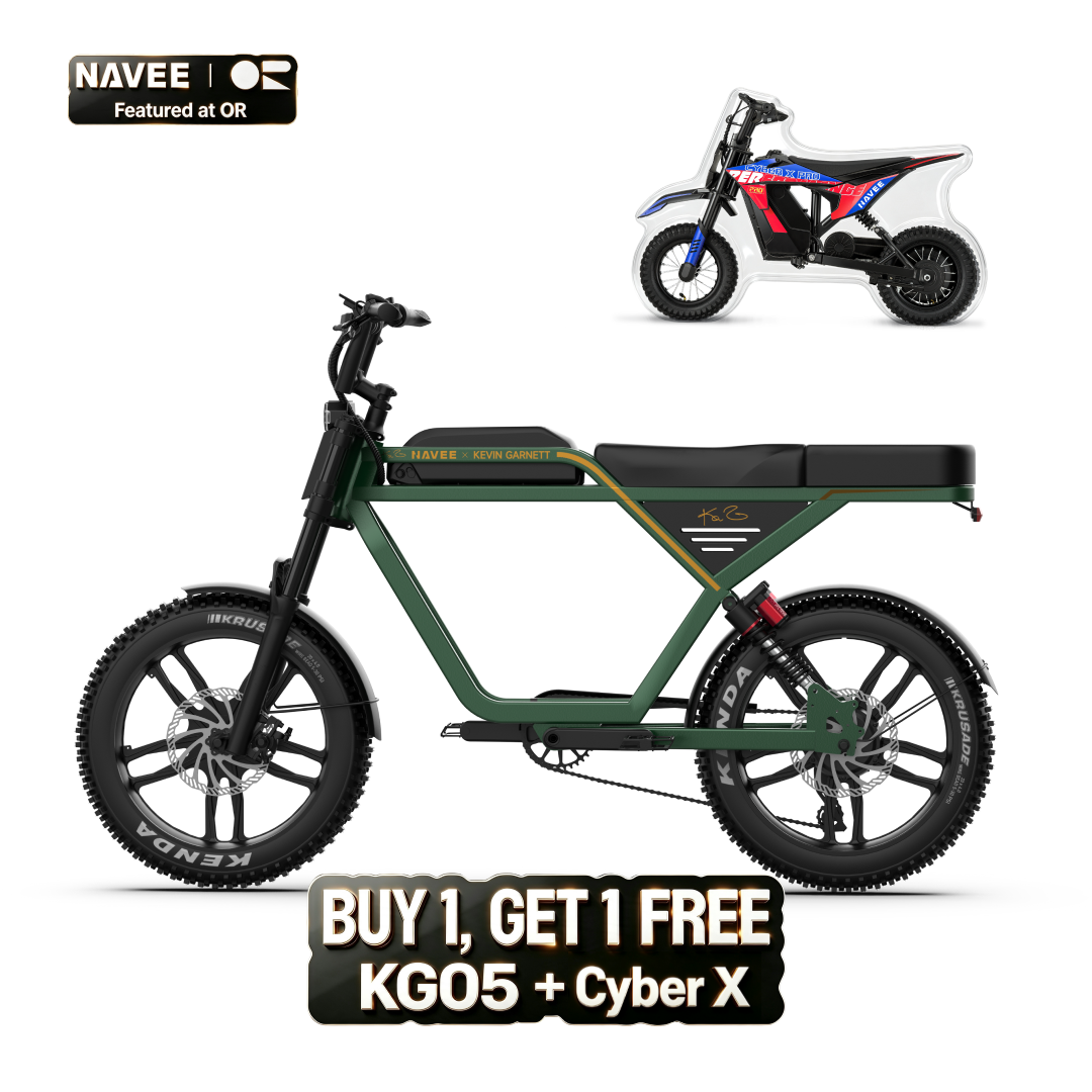 NAVEE KG05 moped-style fat tire electric bike in side profile with 20 by 4 inch KENDA tires