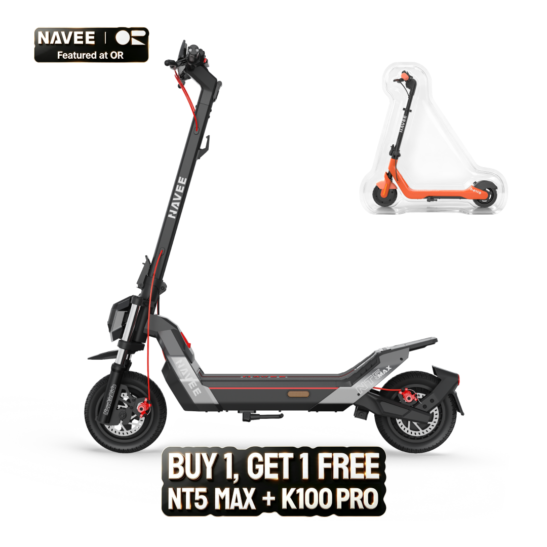 NAVEE NT5 Max electric scooter in side profile with 10.5-inch tubeless tires and folding stem