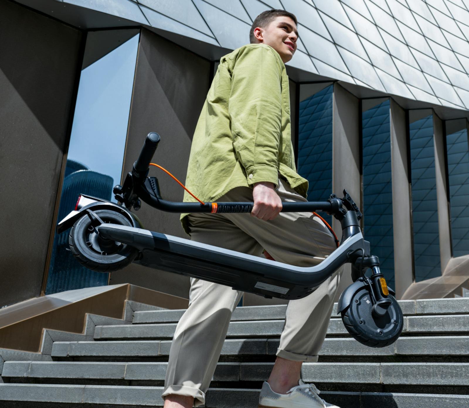 The steel frame of the Segway E2 Plus II electric scooter