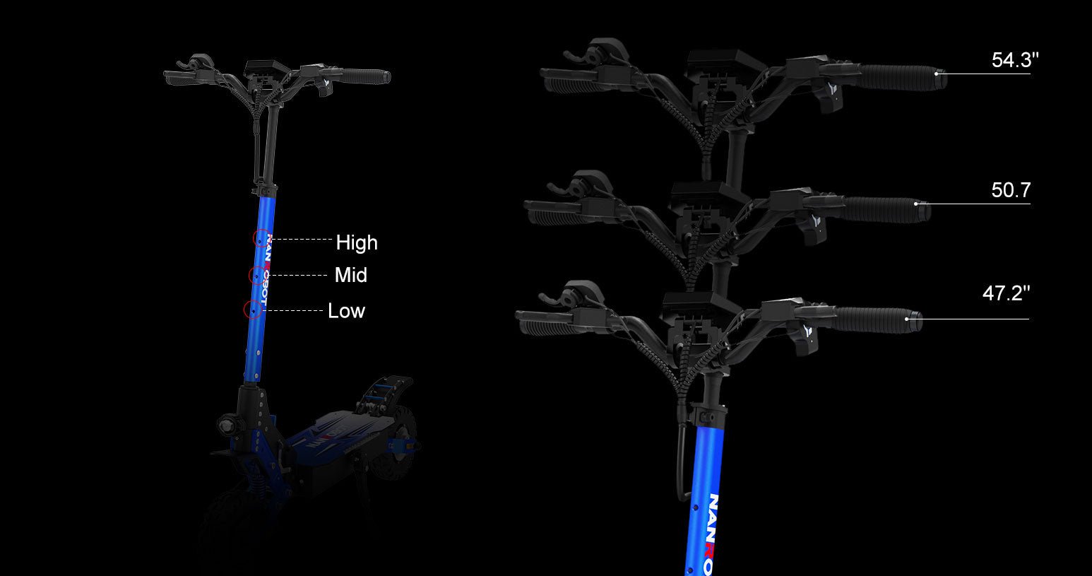Nanrobot D4+MAX adjustable stem shown at high, mid and low heights