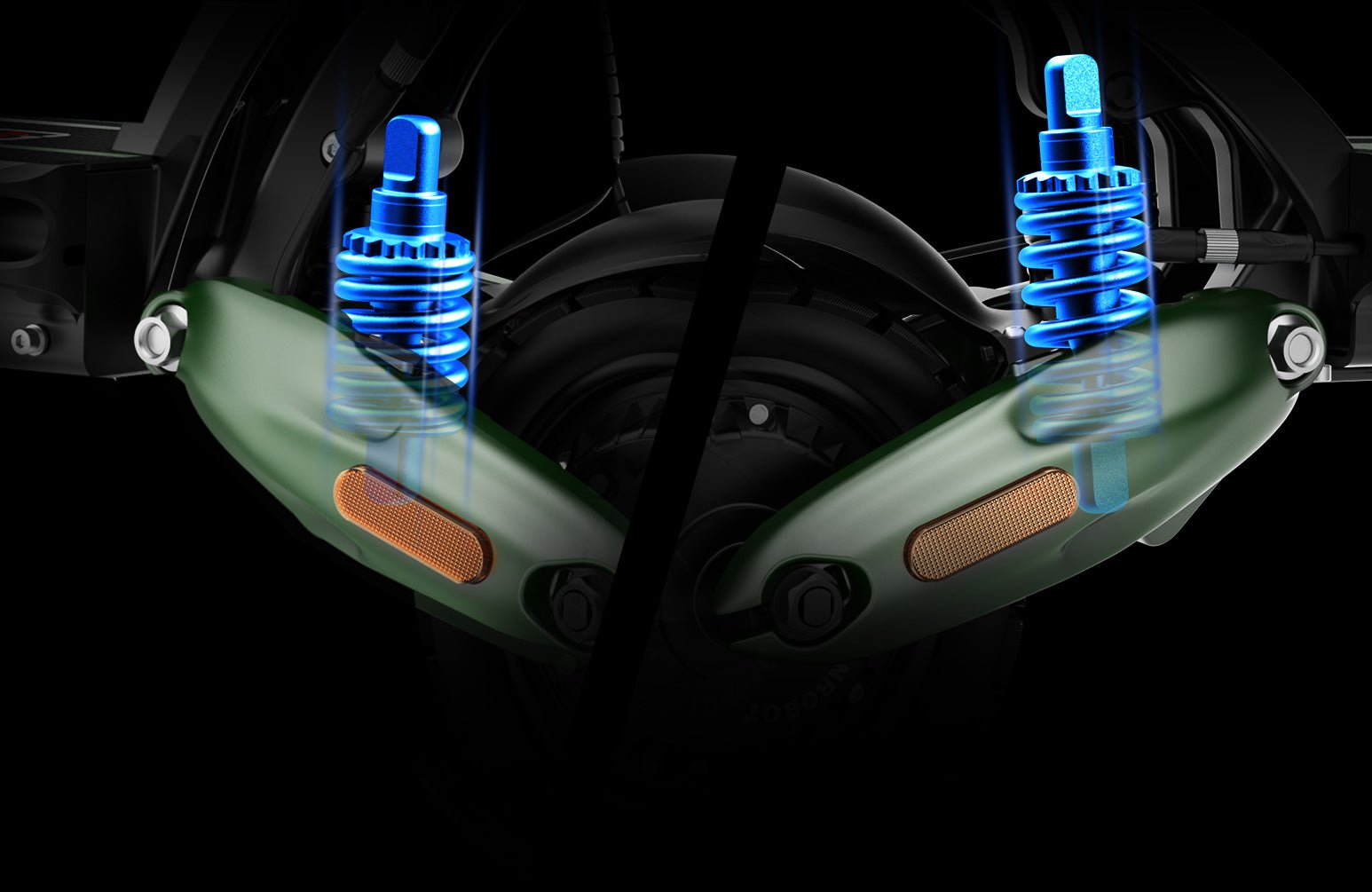 Twin adjustable rear shock absorbers on the Nanrobot D6+MAX glowing blue