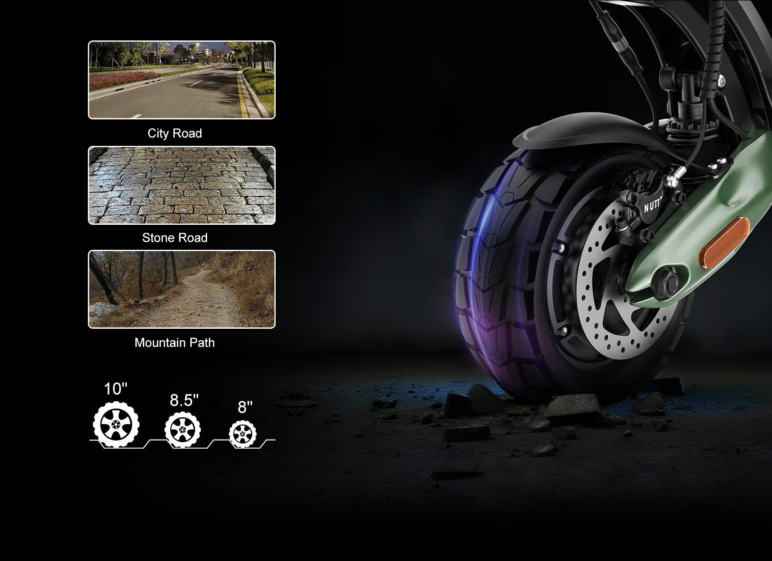 Nanrobot D6+MAX tire shown against city road, stone road and mountain path terrain with 10-inch size comparison