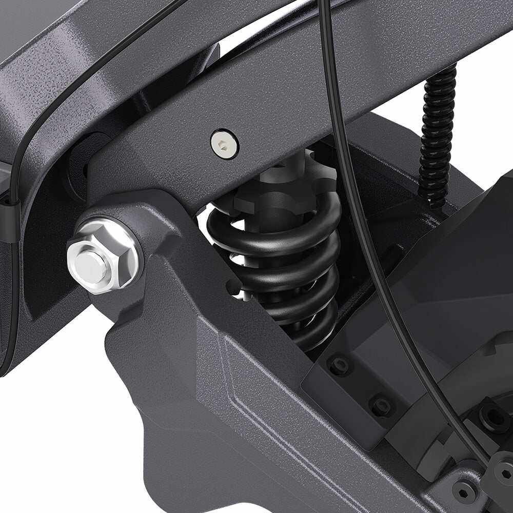 Coil spring and swingarm suspension of the Ausom DT2 Pro electric scooter in close-up