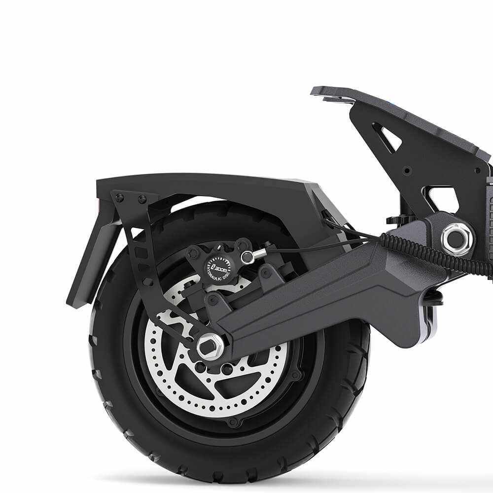 Rear hydraulic disc brake and swingarm of the Ausom DT2 Pro electric scooter in close-up