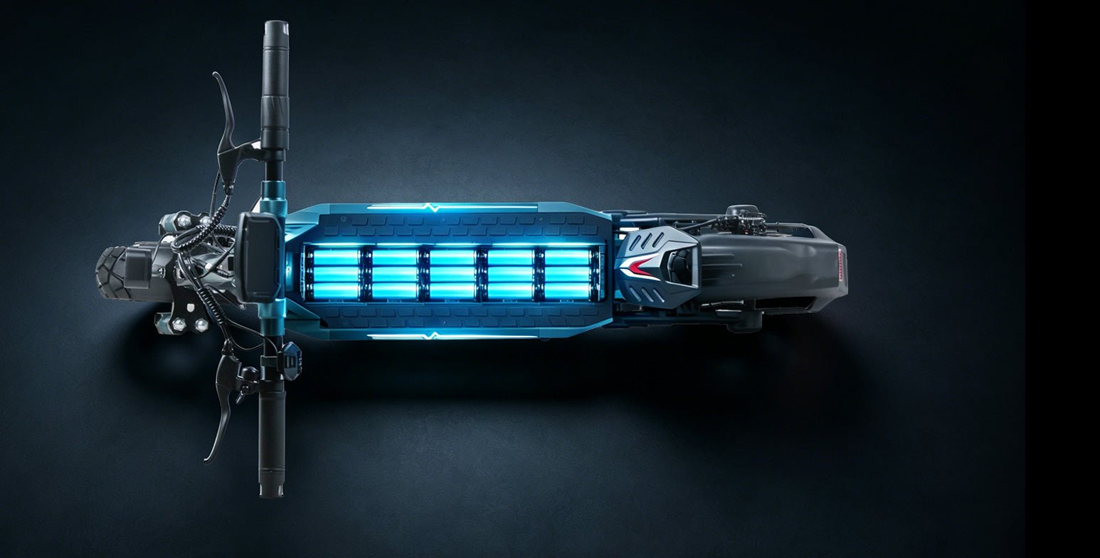 Top-down Nanrobot G1 with its 48V 20.8Ah battery glowing beneath the deck