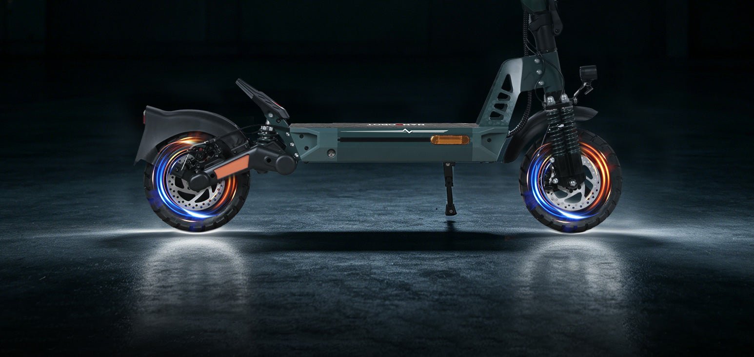 Nanrobot G1 side view with both disc-brake wheels glowing