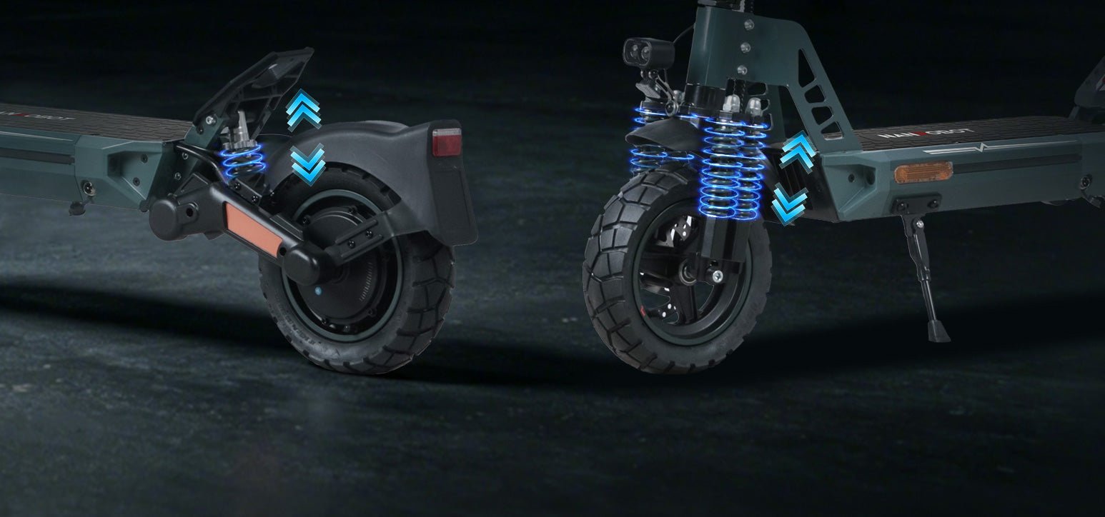 Nanrobot G1 rear shock and quad-spring front fork highlighted in blue