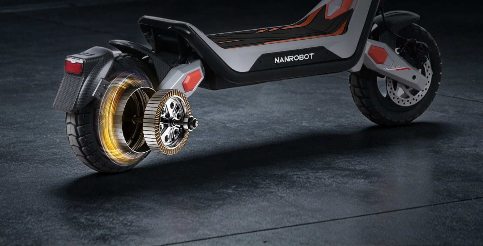 Exploded Nanrobot G3 rear hub motor glowing orange