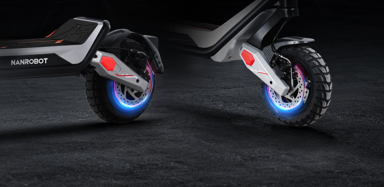 Nanrobot G3 with both disc-brake wheels glowing blue