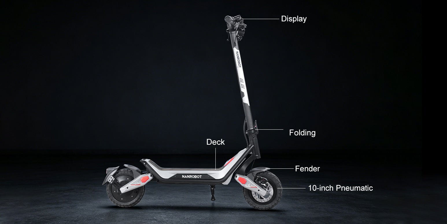 Labeled diagram of the Nanrobot G3 showing display, folding joint, deck, fender and 10-inch pneumatic tires