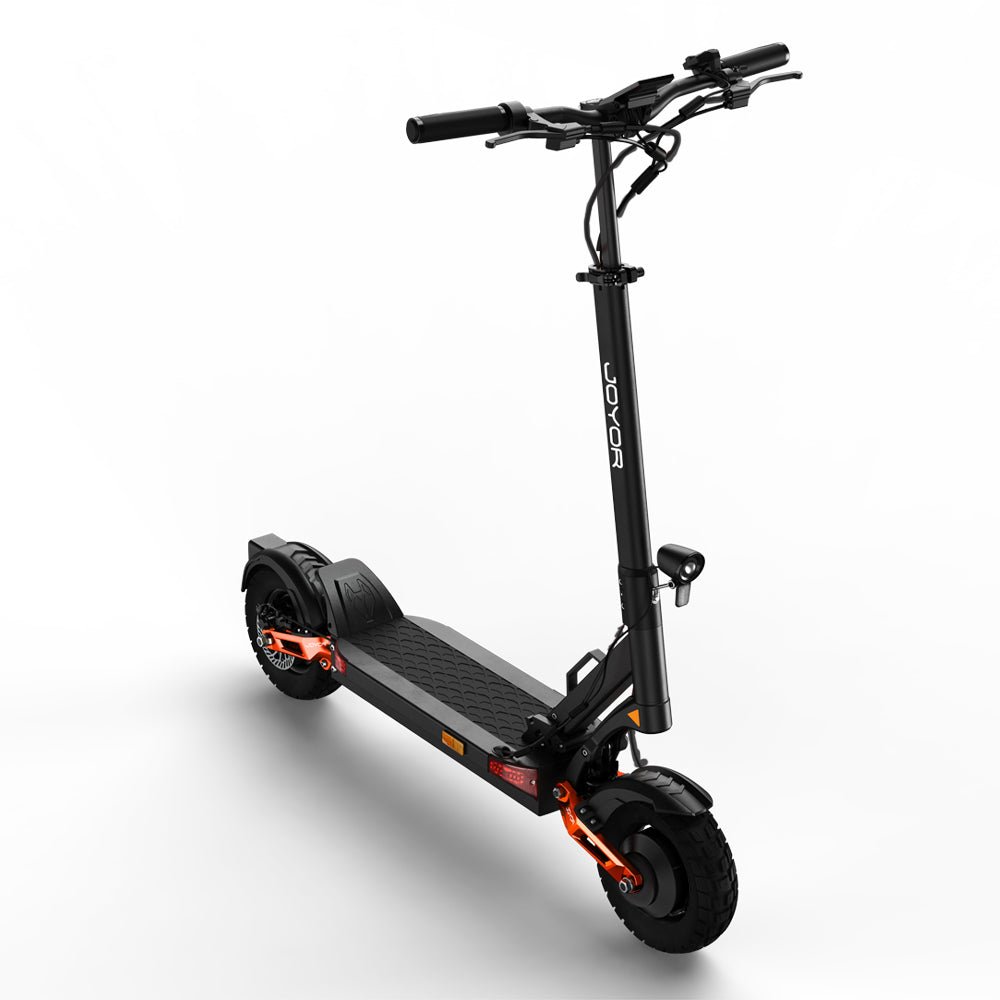 Front three-quarter view of the Joyor T10 off-road electric scooter showing the handlebar and deck