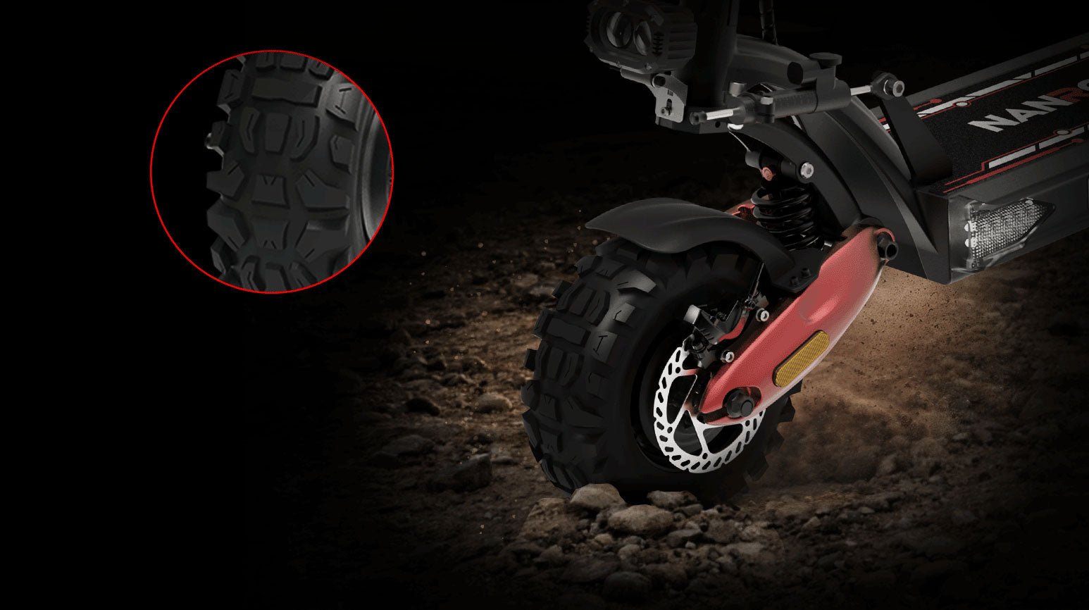 Nanrobot LS7+ off-road tire tread magnified on a dirt trail