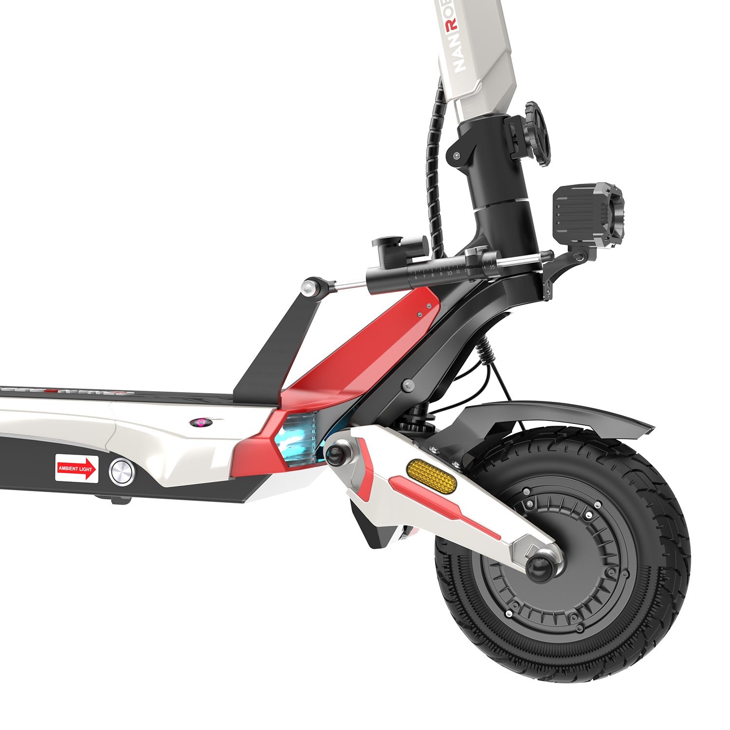 Nanrobot N6 front hydraulic suspension and steering damper close-up