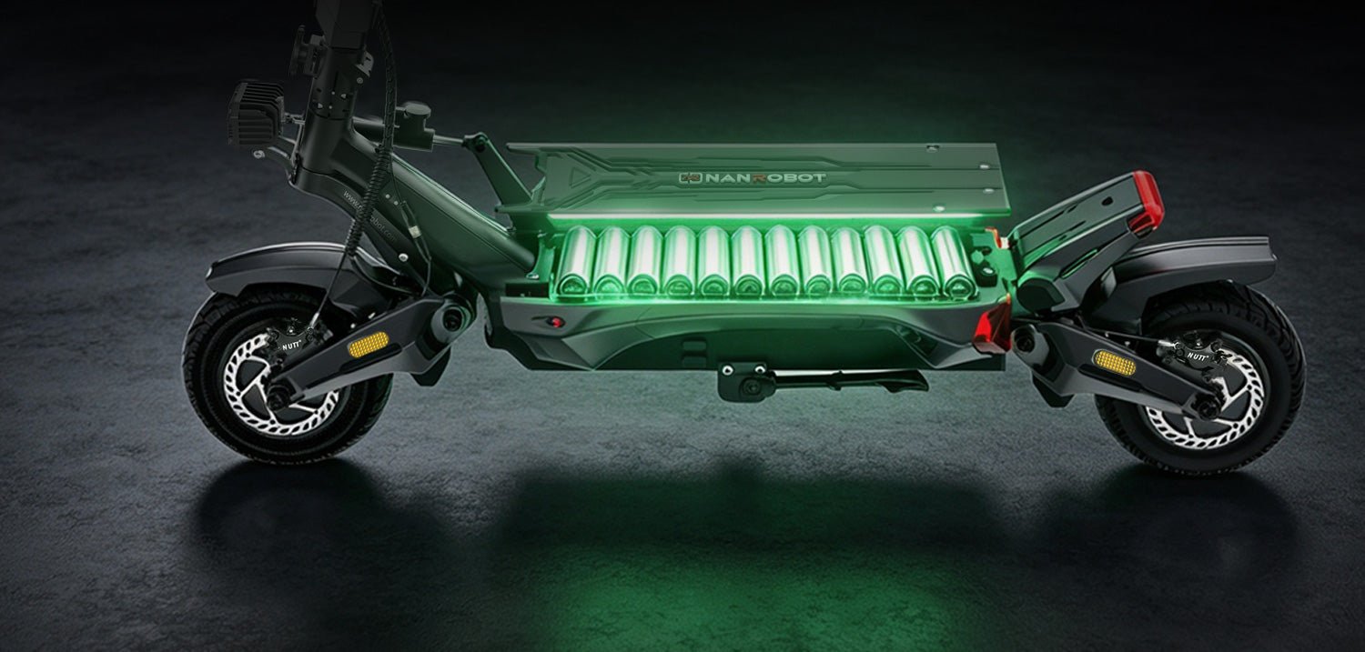 Nanrobot N6 Samsung battery pack glowing green beneath the deck