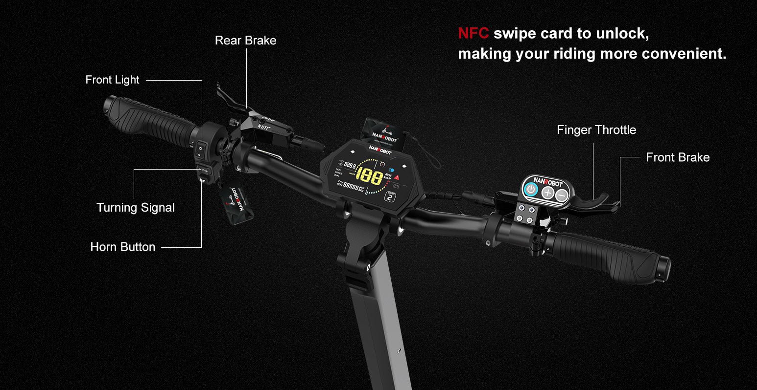 Labeled Nanrobot N6 cockpit with NFC unlock, color display, signals, horn and brakes