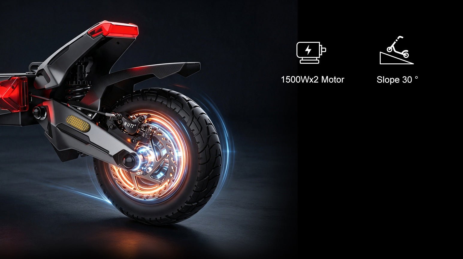 Nanrobot N6 rear wheel with the 1500W motor glowing and 30-degree slope rating