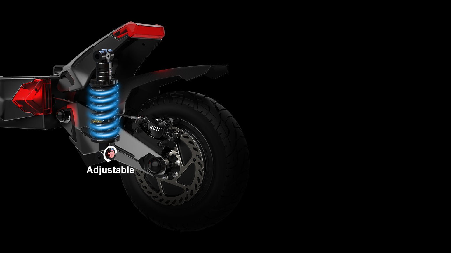 Adjustable KKE rear shock absorber on the Nanrobot N6 glowing blue