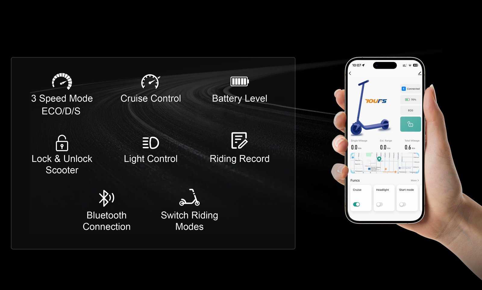 Nanrobot H1 Bluetooth app functions including lock, cruise control and ride records