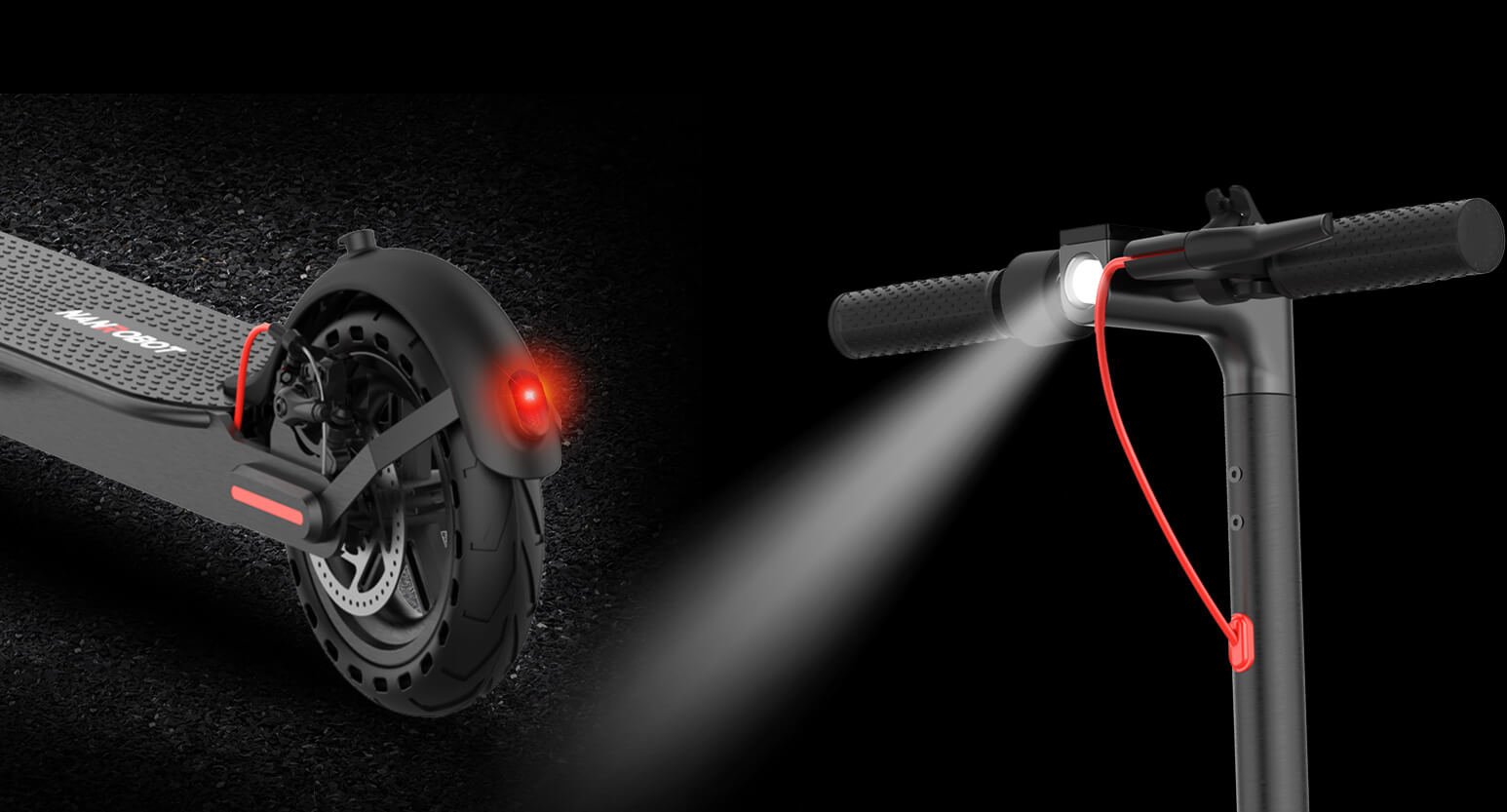 Nanrobot H1 rear brake light and headlight beam shown side by side