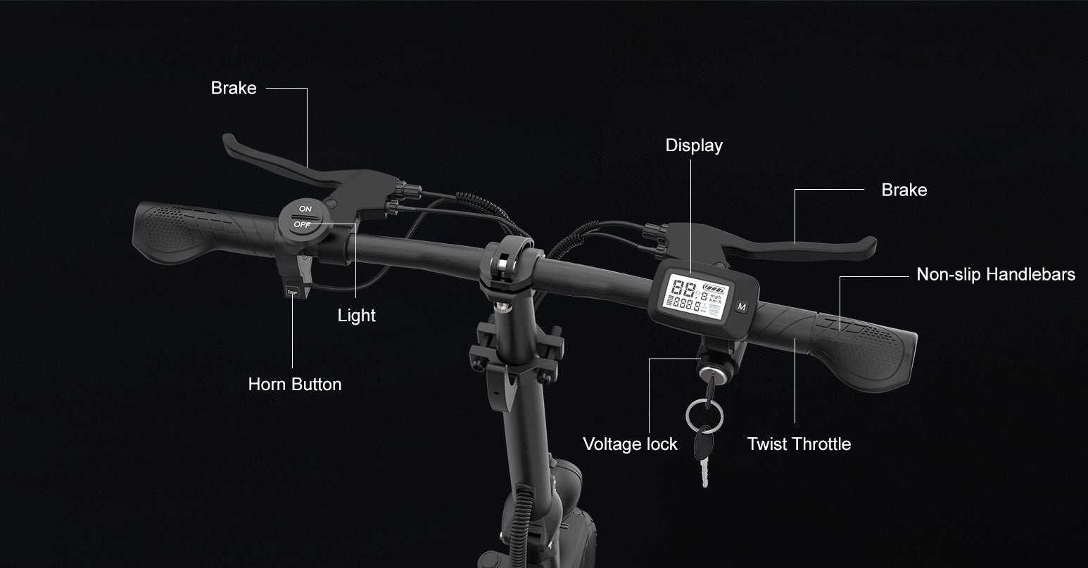 Labeled Nanrobot M5 handlebars with key lock, display, horn and twist throttle