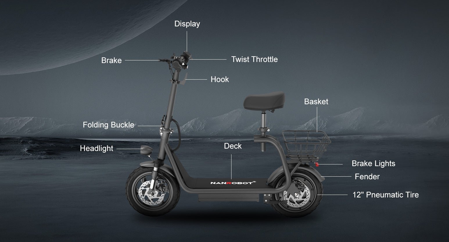 Labeled diagram of the Nanrobot M5 showing display, throttle, hook, basket, brakes, lights and 12-inch tires