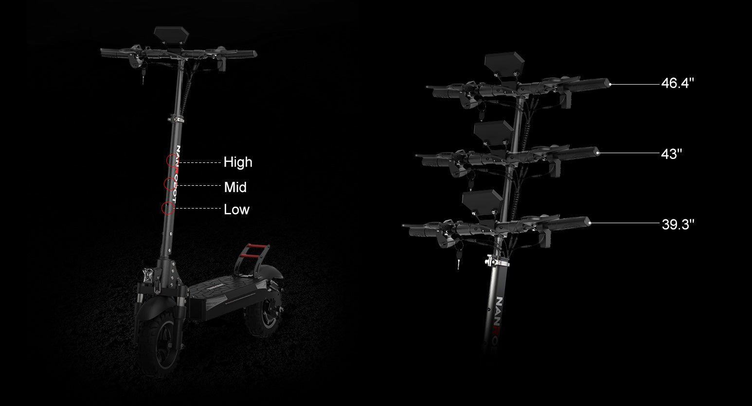 Nanrobot T1 adjustable stem shown at its three heights
