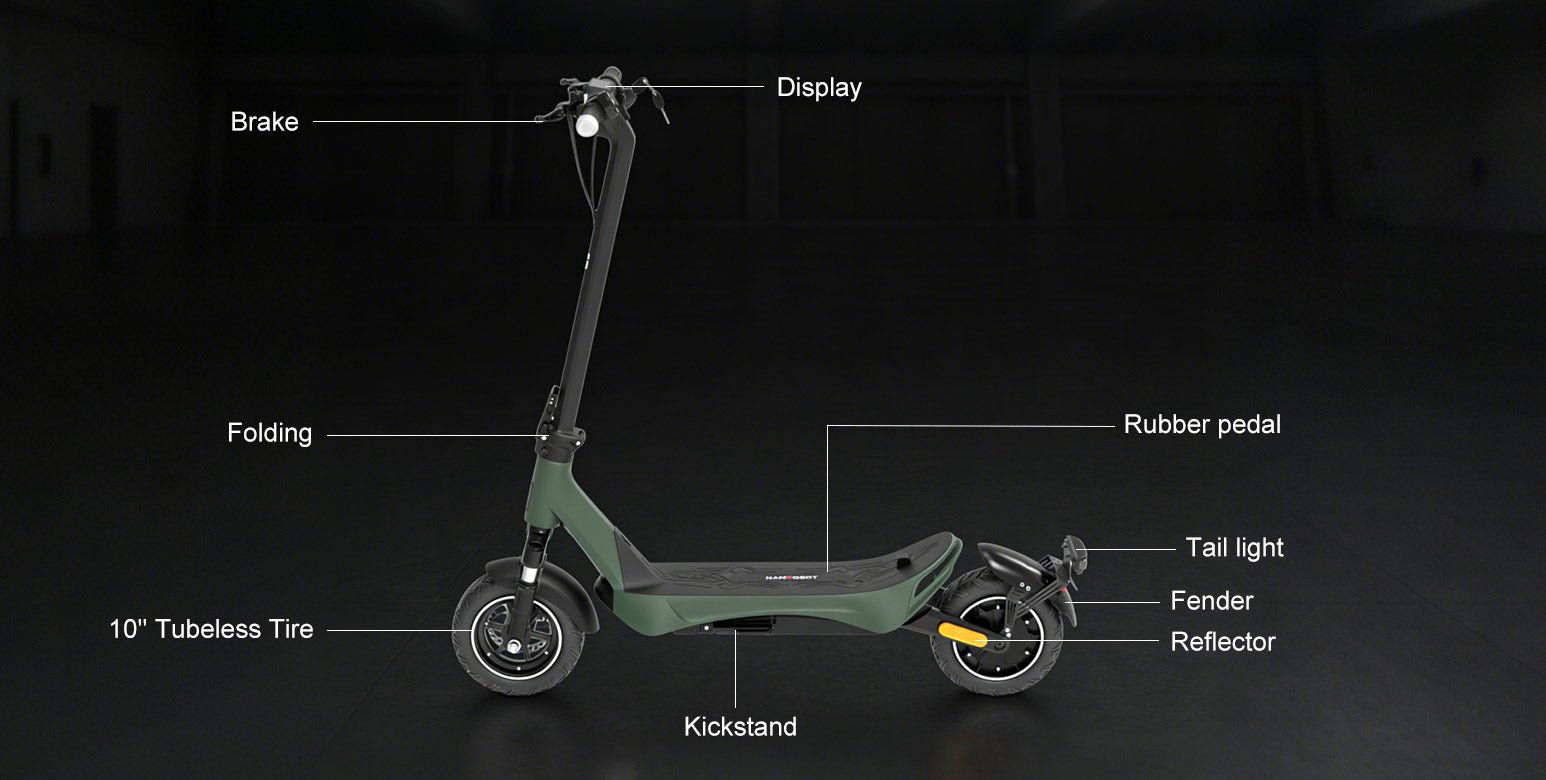 Labeled diagram of the Nanrobot C1 Pro showing display, folding joint, rubber pedal, tail light and 10-inch tubeless tires