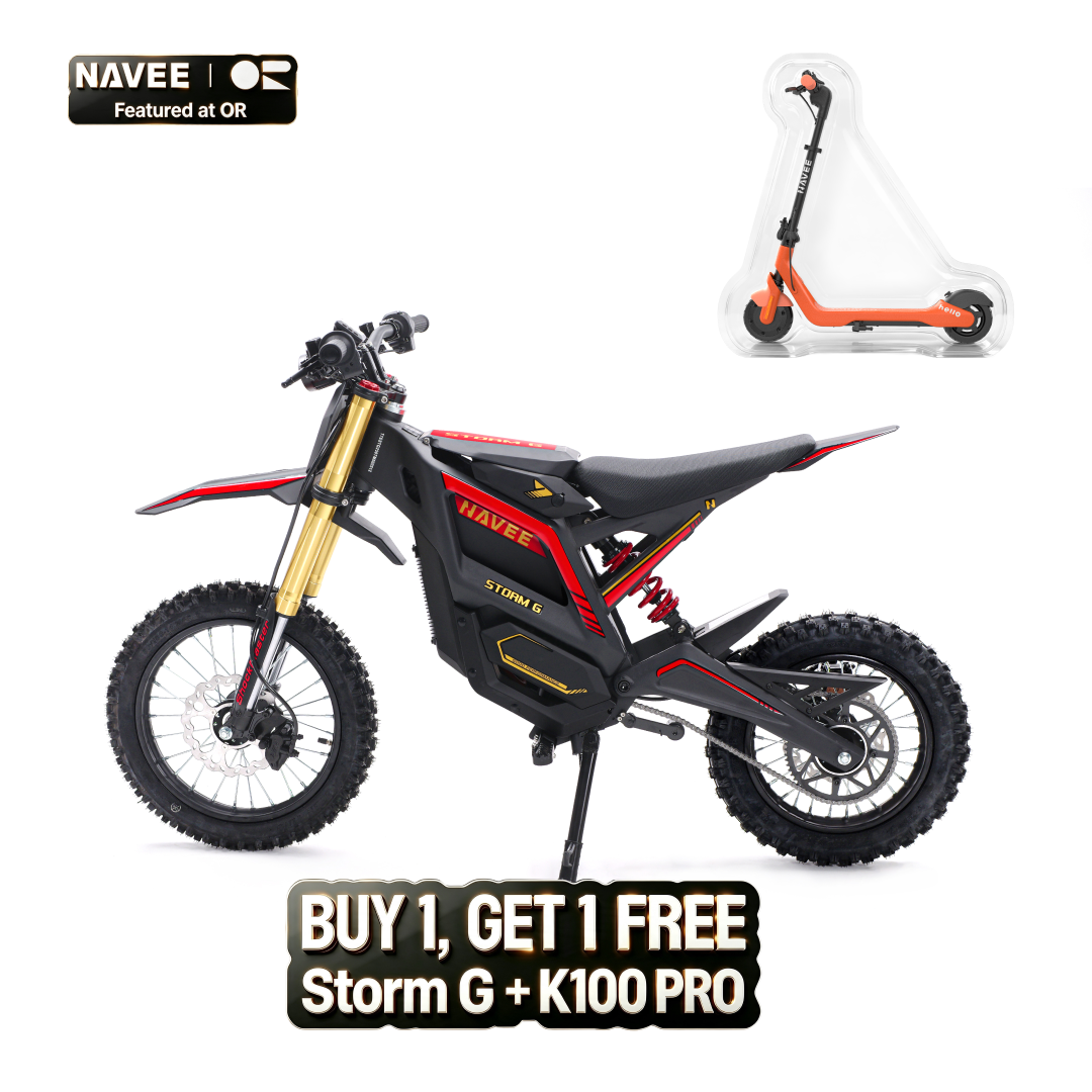 NAVEE Storm G electric dirt bike in side profile with long-travel dual suspension