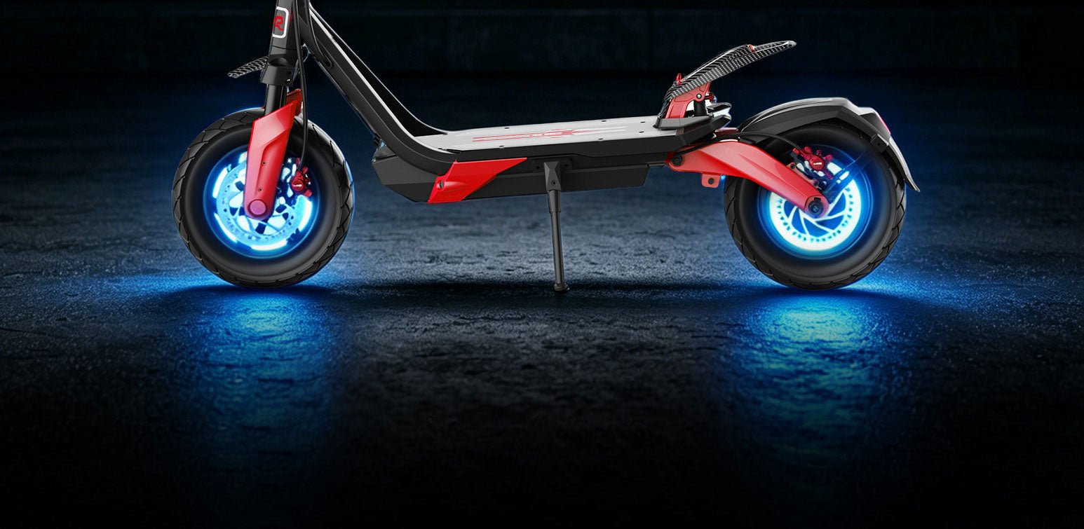 Nanrobot G4 dual hydraulic disc brakes with both wheels glowing blue