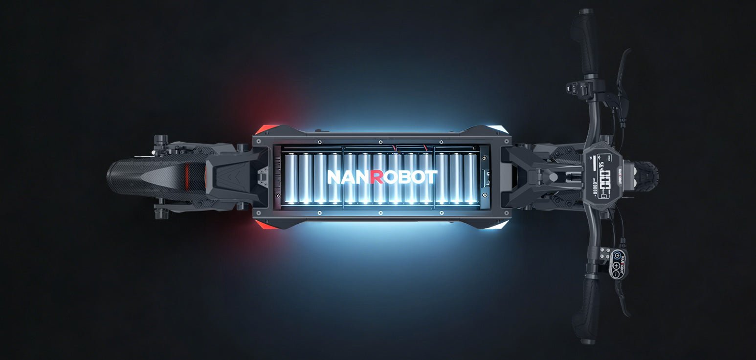 Top-down view of the Nanrobot R6 with its 52V 26Ah battery glowing beneath the deck