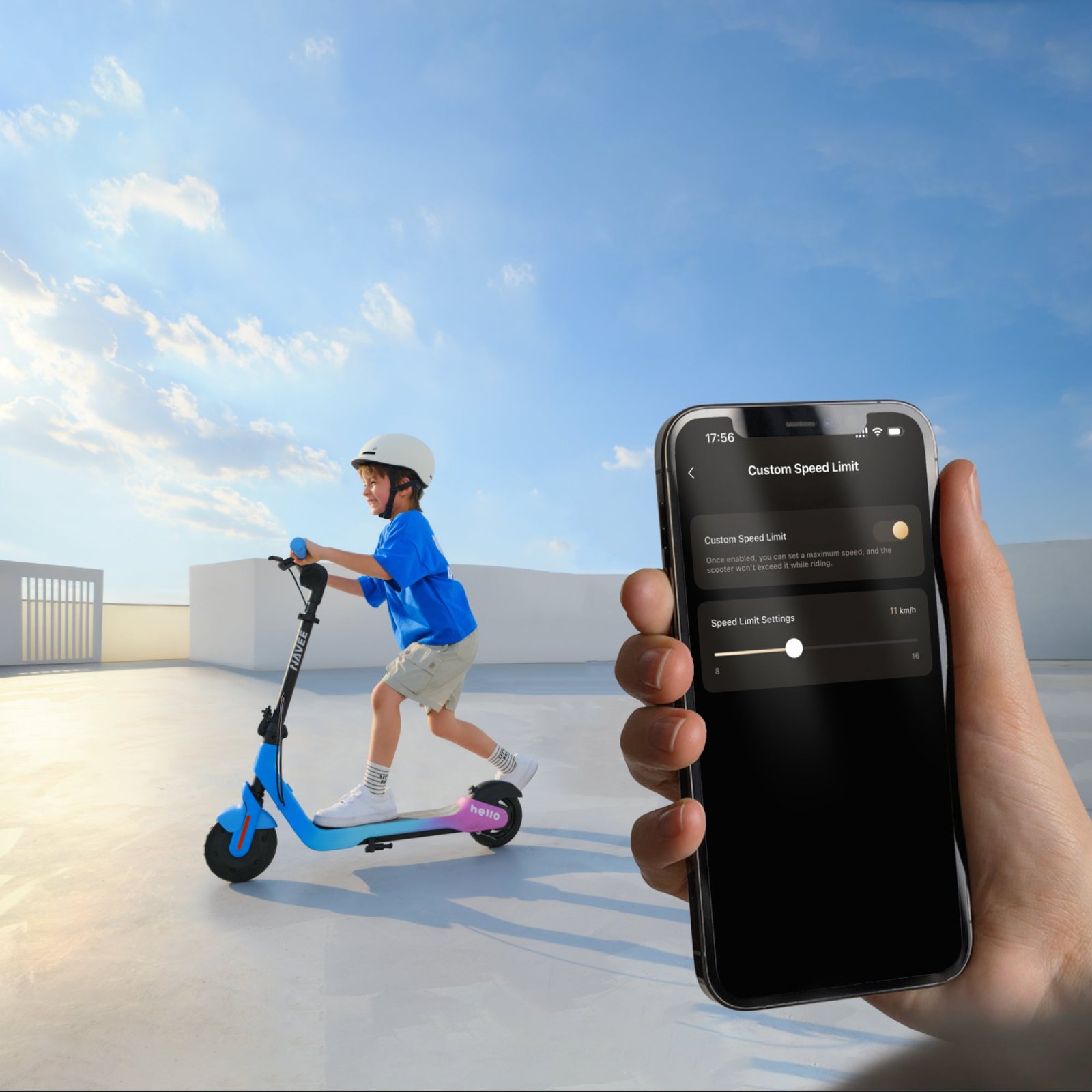 NAVEE K100 kids electric scooter, product photograph by NAVEE