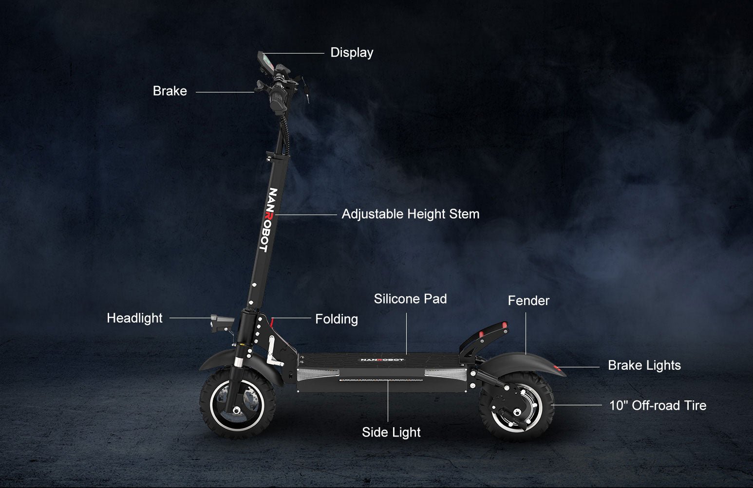 Labeled diagram of the Nanrobot T1 showing display, adjustable stem, silicone pad, side light and 10-inch off-road tires