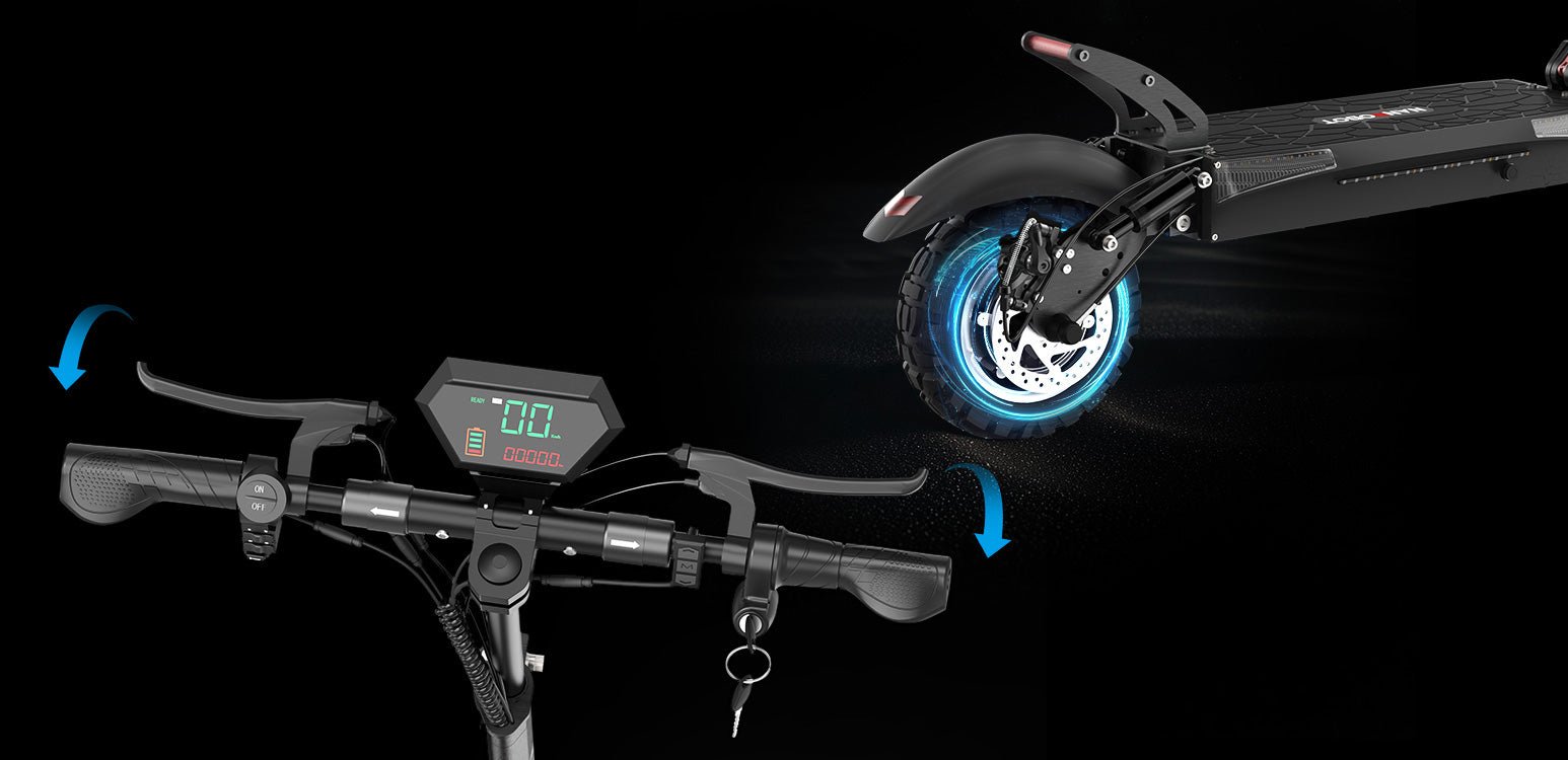 Nanrobot T1 folding handlebars beside its glowing front disc brake