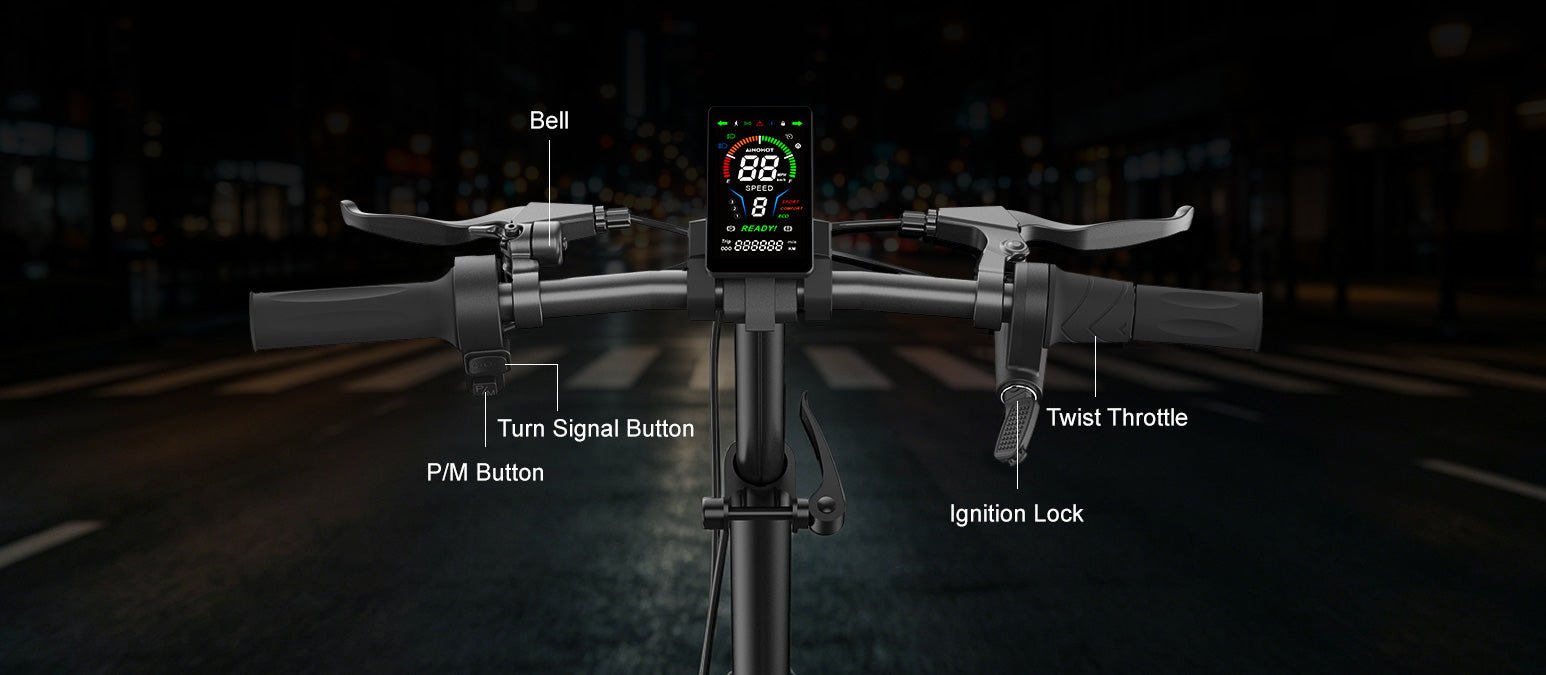 Labeled AINOHOT VOLT cockpit with color display, bell, turn signal button, ignition lock and twist throttle