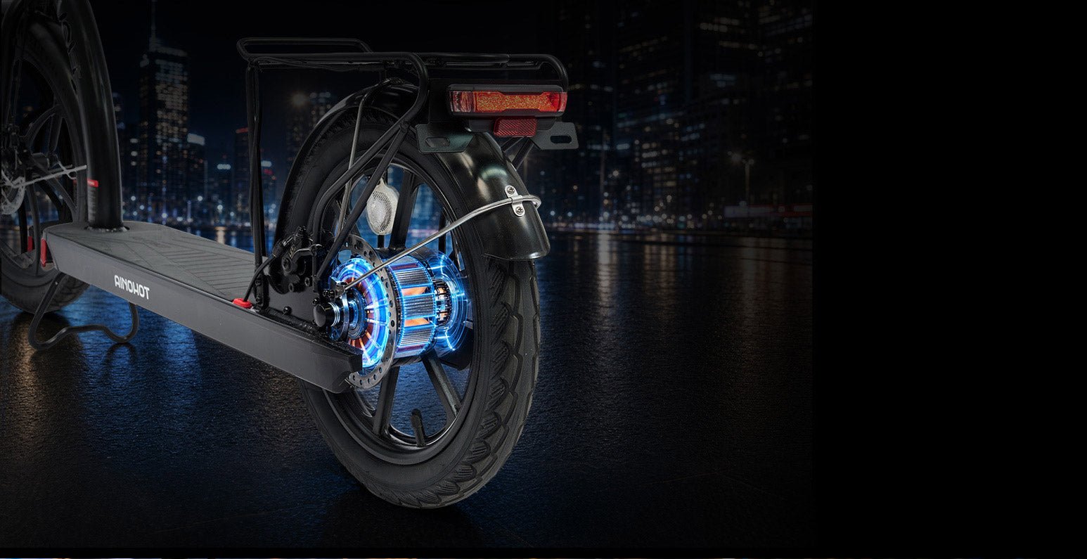 AINOHOT VOLT rear hub motor glowing blue beneath the cargo rack