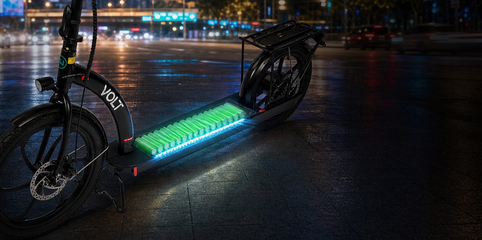 AINOHOT VOLT battery cells glowing green inside the long deck
