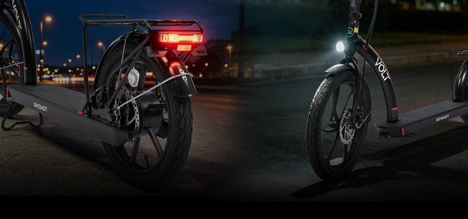 AINOHOT VOLT rear brake light and headlight beam shown side by side