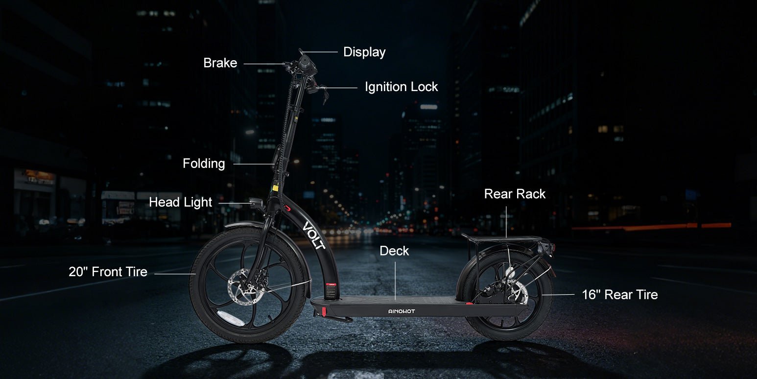 Labeled diagram of the AINOHOT VOLT showing display, ignition lock, folding joint, rear rack and 20/16-inch tires