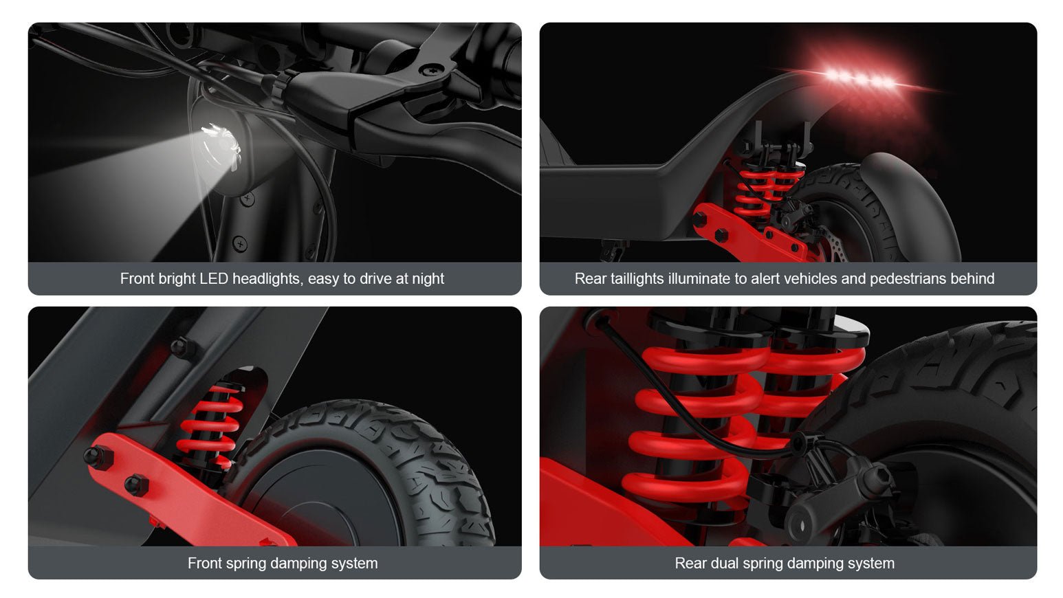 Nanrobot X10 feature collage of LED headlight, rear taillight and front and rear spring damping
